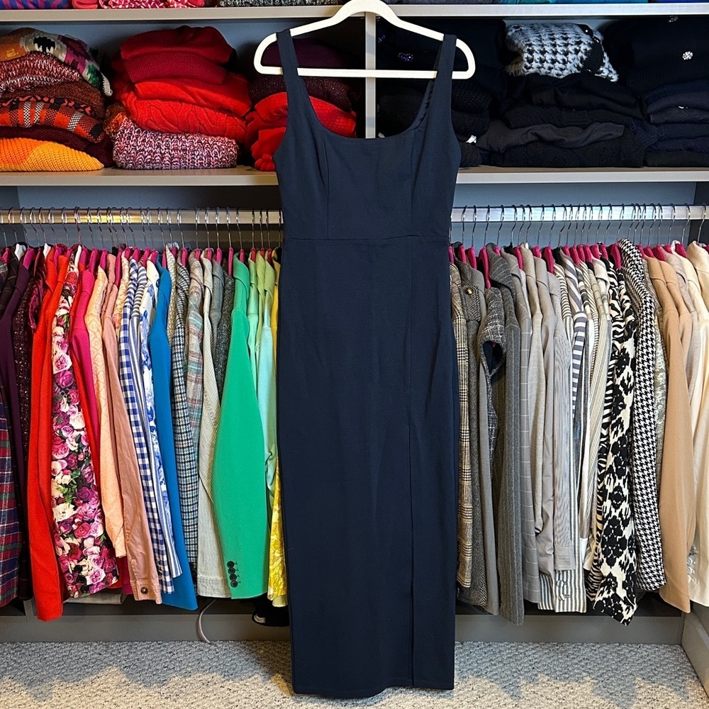 Socialite navy sleeveless side zipper closure front slit maxi dress size S